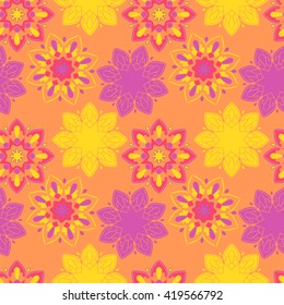 Seamless pattern with ornamental flowers in beautiful bright colors. Vector illustration