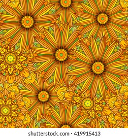 Seamless pattern with ornamental flowers in beautiful bright colors. Vector illustration