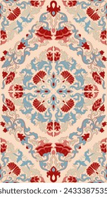 Seamless pattern with ornamental flowers. Beige,red and blue floral damask ornament. Background for wallpaper, textile, carpet and any surface. 