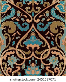 Seamless pattern with ornamental flowers. Blue and brown floral damask ornament. Background for wallpaper, textile, carpet and any surface. 