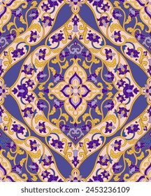 Seamless pattern with ornamental flowers. Blue and yellow floral damask ornament. Background for wallpaper, textile, carpet and any surface. 