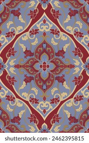 Seamless pattern with ornamental flowers. Blue and red floral damask ornament. Background for wallpaper, textile, carpet and any surface. 