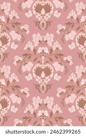 Patrón sin costuras con flores ornamentales. Adorno clásico de damasco floral. Fondo rosa para un Fondo de pantalla, textil, alfombra y cualquier superficie.