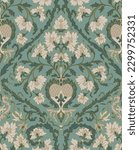 Seamless pattern with ornamental flowers. Green floral damask ornament. Background for wallpaper, textile, carpet and any surface.