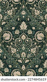 Seamless pattern with ornamental flowers. Green floral damask ornament. Background for wallpaper, textile, carpet and any surface.