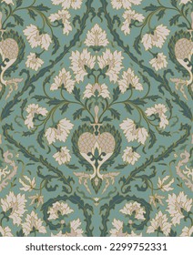 Seamless pattern with ornamental flowers. Green floral damask ornament. Background for wallpaper, textile, carpet and any surface.