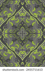 Seamless pattern with ornamental flowers. Grey and green floral damask ornament. Background for wallpaper, textile, carpet and any surface. 