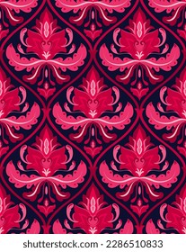 Seamless pattern with ornamental flowers. Pink and red floral damask ornament. Colorful background for a wallpaper, textile, carpet, wrapping paper.