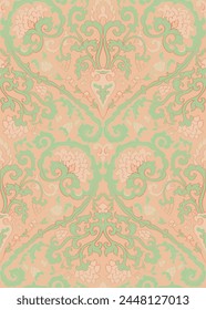 Patrón sin costuras con flores ornamentales. Adorno de damasco rosa y verde. Fondo de color suave para el Fondo de pantalla, textil, alfombra y cualquier superficie. 