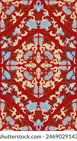 Patrón sin costuras con flores ornamentales. Adorno de damasco floral rojo, azul y beige. Fondo para Fondo de pantalla, textil, alfombra y cualquier superficie. 