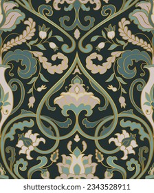 Seamless pattern with ornamental flowers and vases. Green floral damask ornament. Background for wallpaper, textile, carpet and any surface. 