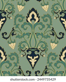Nahtloses Muster mit Zierblumen. Klassische florale Damastverzierung. Grüner Hintergrund für Bildschirmhintergrund, Textil, Teppich und jede Oberfläche. 