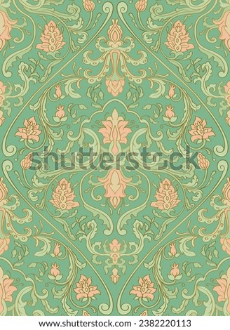 Seamless pattern with ornamental flowers. Vintage floral damask ornament. Green background for wallpaper, textile, carpet and any surface. 