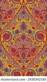 Patrón sin costuras con flores ornamentales. Adorno de damasco floral amarillo y rojo. Fondo para papel pintado, textil, alfombra y cualquier superficie. 