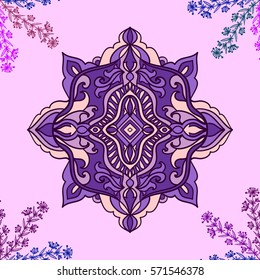 Seamless pattern with ornamental and herbal motifs on light purple background. Vector illustration.