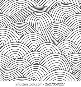 Seamless pattern of ornamental hills and mountains. Black abstract wavy lines on white background.