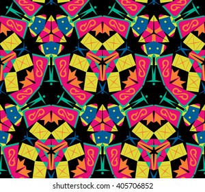 Seamless pattern. Ornamental kaleidoscope on black background
