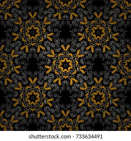 Seamless pattern with ornamental mandalas. Black, yellow and gray filigree ornament. Vector colorful template for wallpaper, textile, shawl, carpet and any surface.