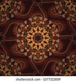 Seamless pattern with ornamental mandalas. Brown, orange and gray filigree ornament. Vector colorful template for wallpaper, textile, shawl, carpet and any surface.