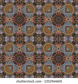 Seamless pattern with ornamental mandalas. Gray, brown and blue filigree ornament. Vector colorful template for wallpaper, textile, shawl, carpet and any surface.