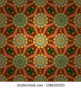 Seamless pattern with ornamental mandalas. Orange, green and brown filigree ornament. Vector colorful template for wallpaper, textile, shawl, carpet and any surface.