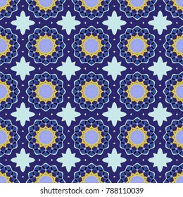Seamless pattern with ornamental mandalas. Violet, blue and neutral filigree ornament. Vector colorful template for wallpaper, textile, shawl, carpet and any surface.