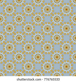 Seamless pattern with ornamental mandalas. Yellow, neutral and blue filigree ornament. Vector colorful template for wallpaper, textile, shawl, carpet and any surface.