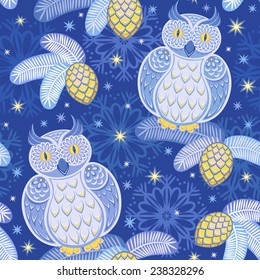 Seamless pattern with ornamental owls. Decorative background with snowflakes, stars and folk birds. Colorful vector illustration.