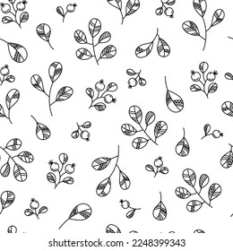 Patrón sin foco de plantas ornamentales con bayas, hojas y ramas. Papel tapiz botánico, textil, diseño de papel envolvente.