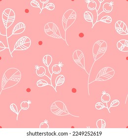 Seamless pattern of ornamental plants with berries and leaves and twigs. Botanical outline wallpaper, textile, wrapping paper design.