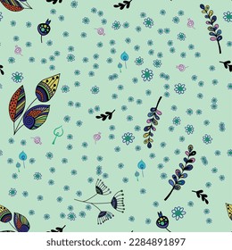 Seamless pattern with ornamental plants and small flowers. Vector file for designs.