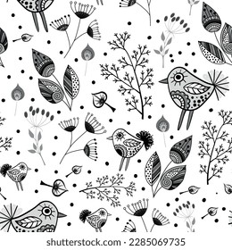 Seamless pattern with ornamental plants and small birds. Vector file for designs.