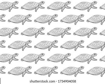 Seamless pattern of ornamental sea turtles in zentangle style on a white background. Isolated black outline doodle aquatic animals for fabric, fashion, textile, wallpaper. Hand drawing. Vector.
