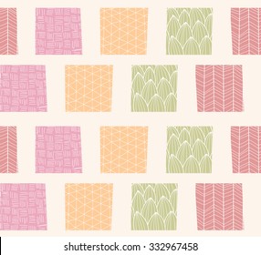 Seamless pattern with ornamental square shapes and line drawings, vector illustration