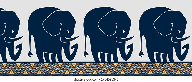 Seamless pattern from ornamental stripes. Blue elephants walk from left to right along a strip of  ornament of triangles.