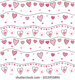 seamless pattern with ornamented sweet hearts in white background. Vector repeating texture. Can be used for wallpaper, pattern fills, web page background or textil print projects