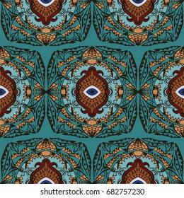 Seamless pattern with ornaments in bohemian style. Native American vector elements painted with grunge brushes