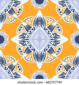 Seamless pattern with ornaments in bohemian style. Native American vector elements painted with grunge brushes