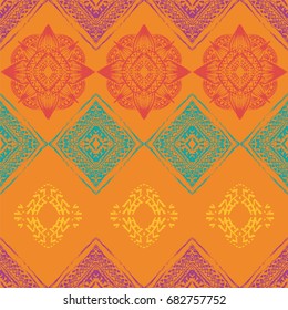 Seamless pattern with ornaments in bohemian style. Native American vector elements painted with grunge brushes