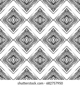 Seamless pattern with ornaments in bohemian style. Native American vector elements painted with grunge brushes