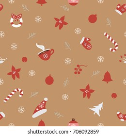 Seamless pattern with ornaments, coffee, snowflakes, spruce branches, wreath, poinsettia and berries on a brown background. Vector illustration.Winter, Merry Christmas Collection