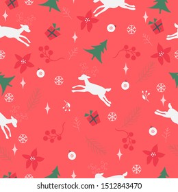 Seamless pattern with ornaments, deer, snowflakes, spruce branches,poinsettia and berries on a red background. Vector illustration.Winter, Merry Christmas Collection