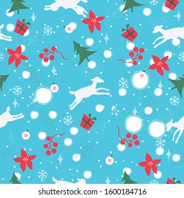 Seamless pattern with ornaments, deer, snowflakes, spruce branches,poinsettia and berries on a red background. Vector illustration.Winter, Merry Christmas Collection