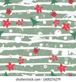 Seamless pattern with ornaments, deer, snowflakes, spruce branches,poinsettia and berries on a red background. Vector illustration.Winter, Merry Christmas Collection