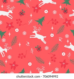 Seamless pattern with ornaments, deer, snowflakes, spruce branches,poinsettia and berries on a red background. Vector illustration.Winter, Merry Christmas Collection