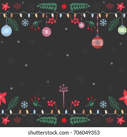 Seamless pattern with ornaments, garland, snowflakes, spruce branches and berries on a dark background. Vector illustration.Winter, Merry Christmas Collection