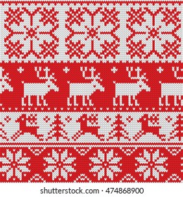 Seamless pattern with ornaments of a Jacquard knitting. Image of a deer, fawn, fir-tree, star, snowflake on a red background. Vector illustration.
