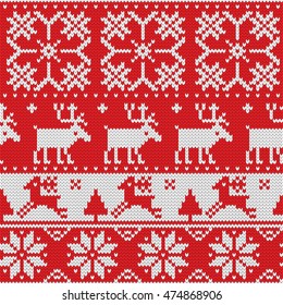 Seamless pattern with ornaments of a Jacquard knitting. Image of a deer, fawn, fir-tree, star, snowflake on a red background. Vector illustration.
