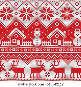 Seamless pattern with ornaments of a Jacquard knitting. Image of a house, snowman, moose, star, snowflake on a red background. Vector illustration.

