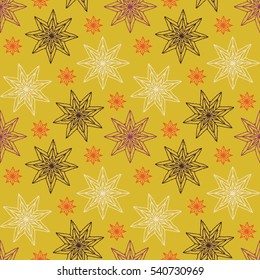 Seamless pattern with ornaments of stars, crocheted lace items, knit blanket, handmade made with love